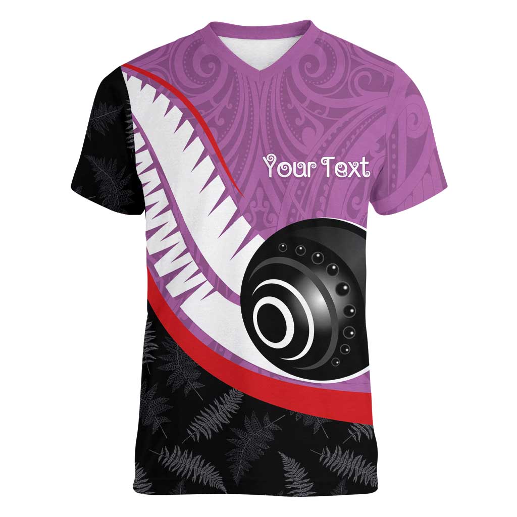 Personalised Aotearoa Lawn Bowls Women V-Neck T-Shirt Maori and Silver Fern Sporty Style Pink Color - Polynesian Pride