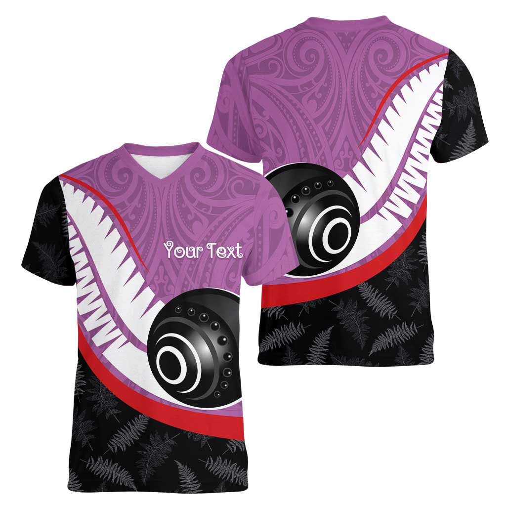 Personalised Aotearoa Lawn Bowls Women V-Neck T-Shirt Maori and Silver Fern Sporty Style Pink Color - Polynesian Pride