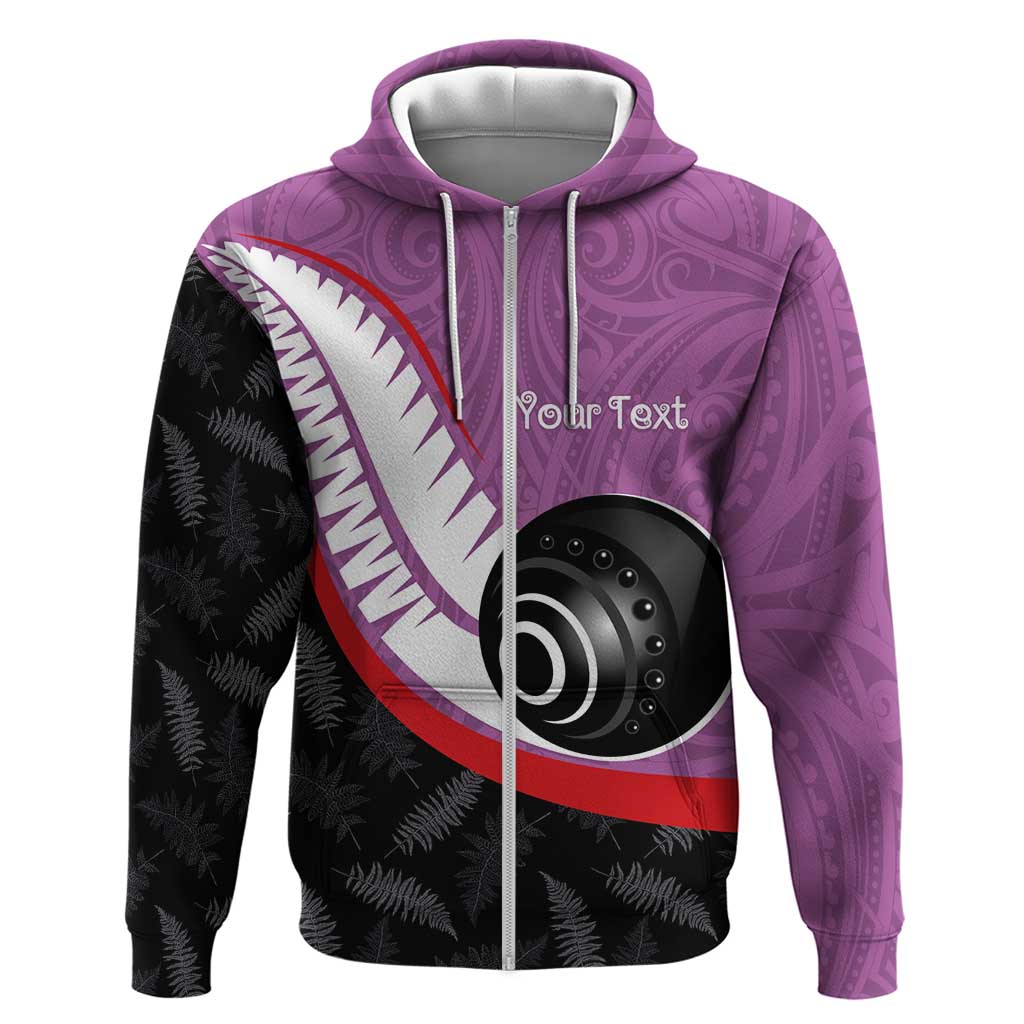 Personalised Aotearoa Lawn Bowls Zip Hoodie Maori and Silver Fern Sporty Style Pink Color - Polynesian Pride