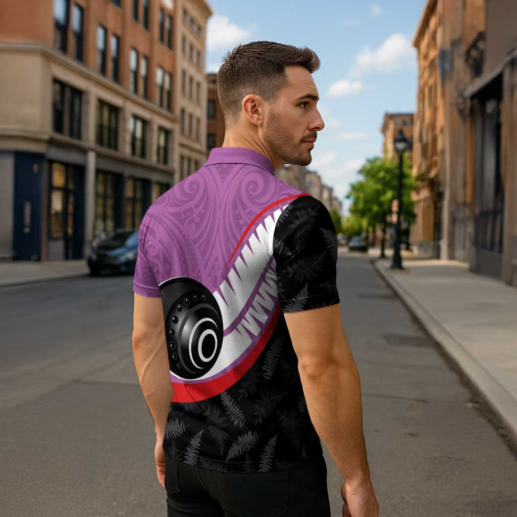 Personalised Aotearoa Lawn Bowls Zipper Polo Shirt Maori and Silver Fern Sporty Style Pink Color - Polynesian Pride