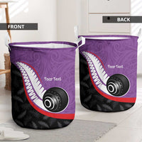 Personalised Aotearoa Lawn Bowls Laundry Basket Maori and Silver Fern Sporty Style Purple Color - Polynesian Pride