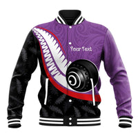 Personalised Aotearoa Lawn Bowls Baseball Jacket Maori and Silver Fern Sporty Style Purple Color - Polynesian Pride