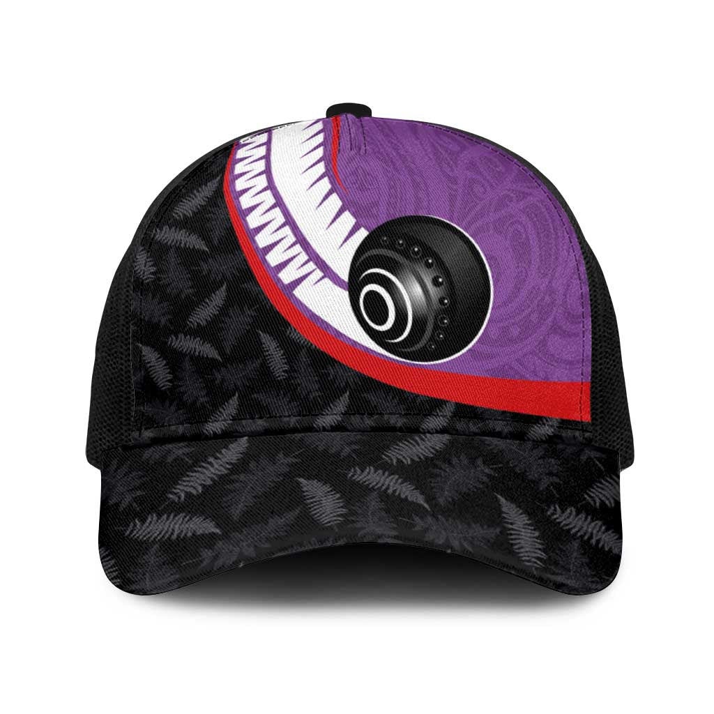 Aotearoa Lawn Bowls Baseball Net Cap Maori and Silver Fern Sporty Style Purple Color - Polynesian Pride