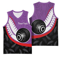 Personalised Aotearoa Lawn Bowls Basketball Jersey Maori and Silver Fern Sporty Style Purple Color - Polynesian Pride