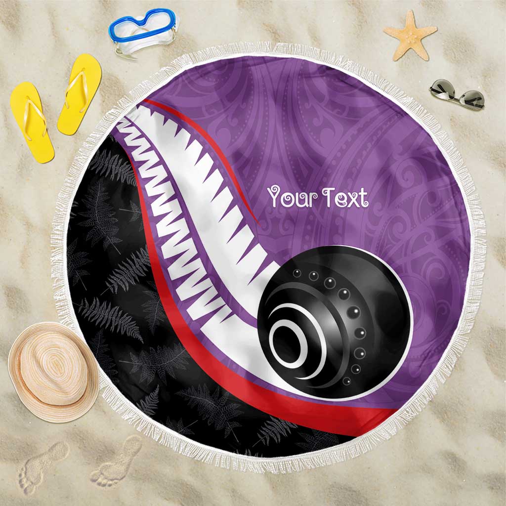 Personalised Aotearoa Lawn Bowls Beach Blanket Maori and Silver Fern Sporty Style Purple Color - Polynesian Pride