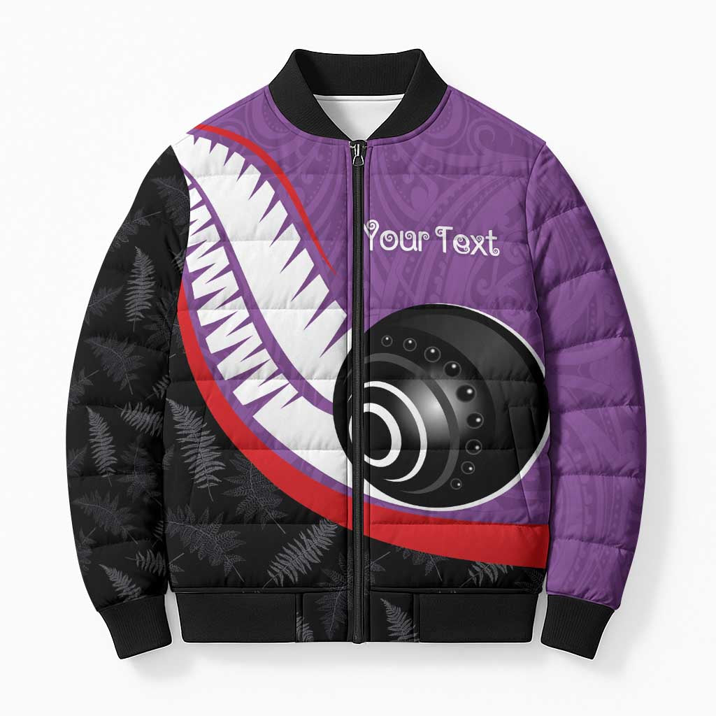 Personalised Aotearoa Lawn Bowls Bomber Puffer Jacket Maori and Silver Fern Sporty Style Purple Color - Polynesian Pride