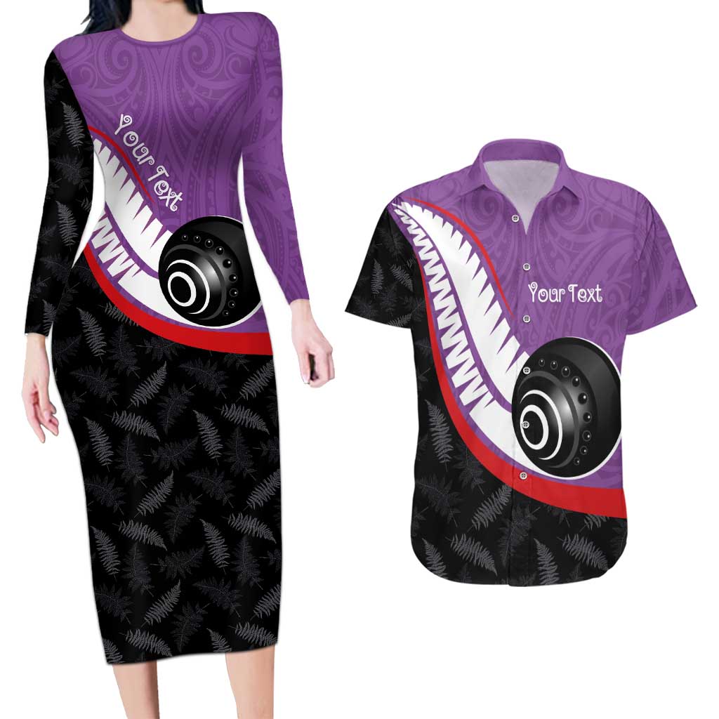 Personalised Aotearoa Lawn Bowls Couples Matching Long Sleeve Bodycon Dress and Hawaiian Shirt Maori and Silver Fern Sporty Style Purple Color - Polynesian Pride