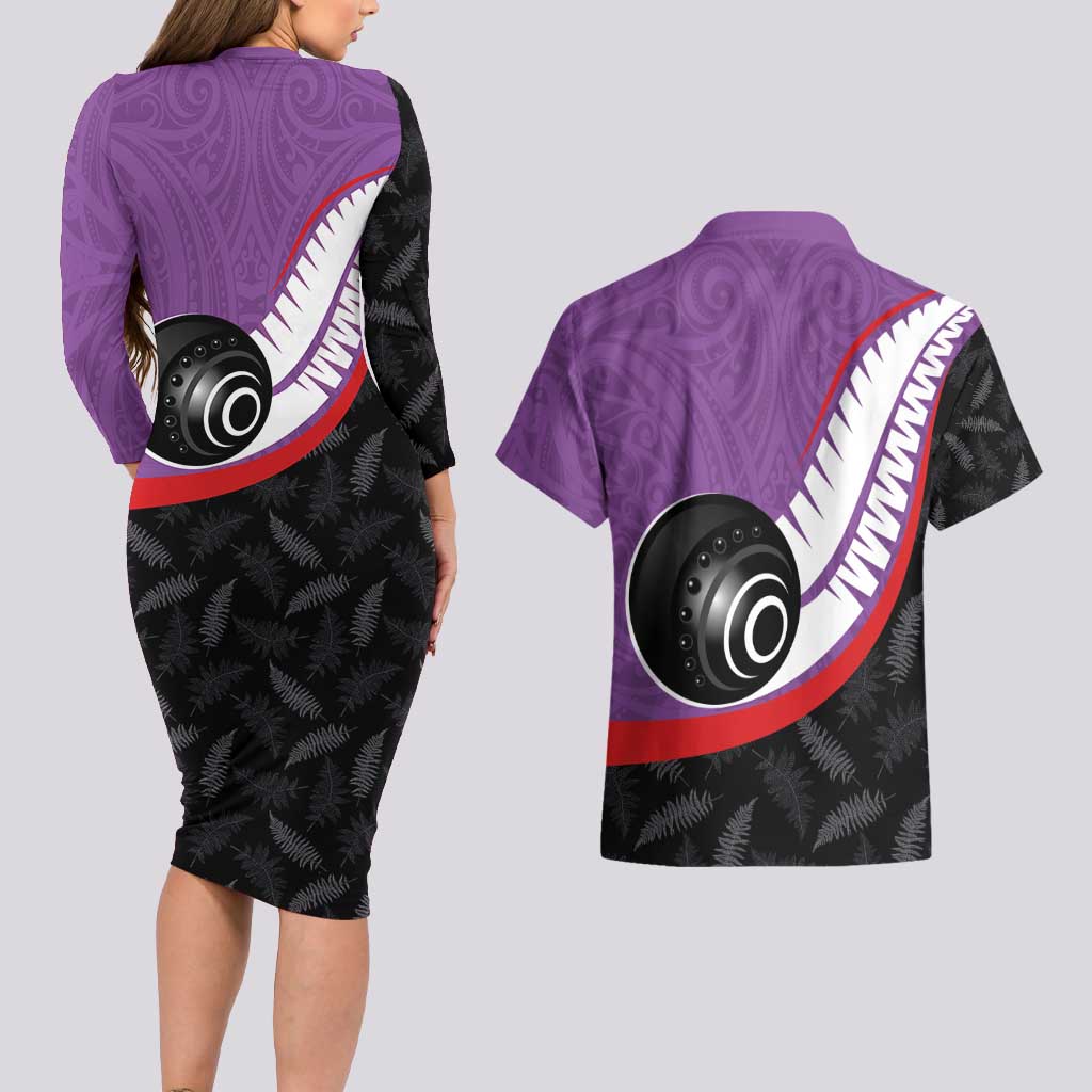 Personalised Aotearoa Lawn Bowls Couples Matching Long Sleeve Bodycon Dress and Hawaiian Shirt Maori and Silver Fern Sporty Style Purple Color - Polynesian Pride