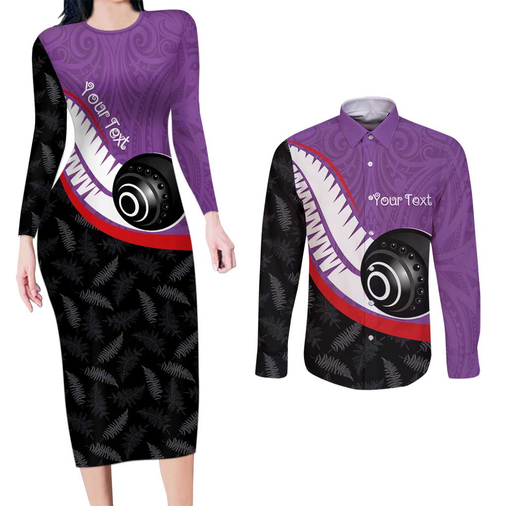 Personalised Aotearoa Lawn Bowls Couples Matching Long Sleeve Bodycon Dress and Long Sleeve Button Shirt Maori and Silver Fern Sporty Style Purple Color LT03 Purple - Polynesian Pride