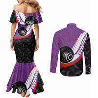 Personalised Aotearoa Lawn Bowls Couples Matching Mermaid Dress and Long Sleeve Button Shirt Maori and Silver Fern Sporty Style Purple Color - Polynesian Pride