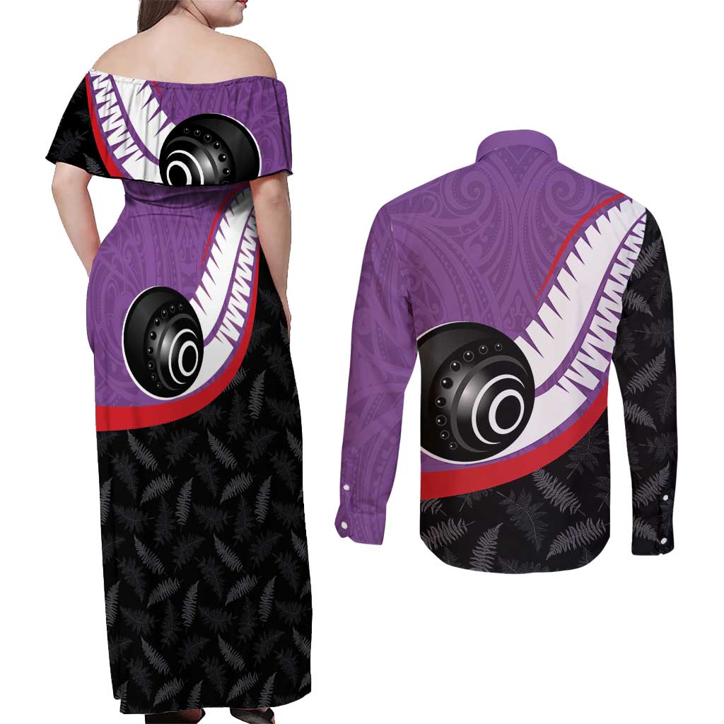 Personalised Aotearoa Lawn Bowls Couples Matching Off Shoulder Maxi Dress and Long Sleeve Button Shirt Maori and Silver Fern Sporty Style Purple Color - Polynesian Pride