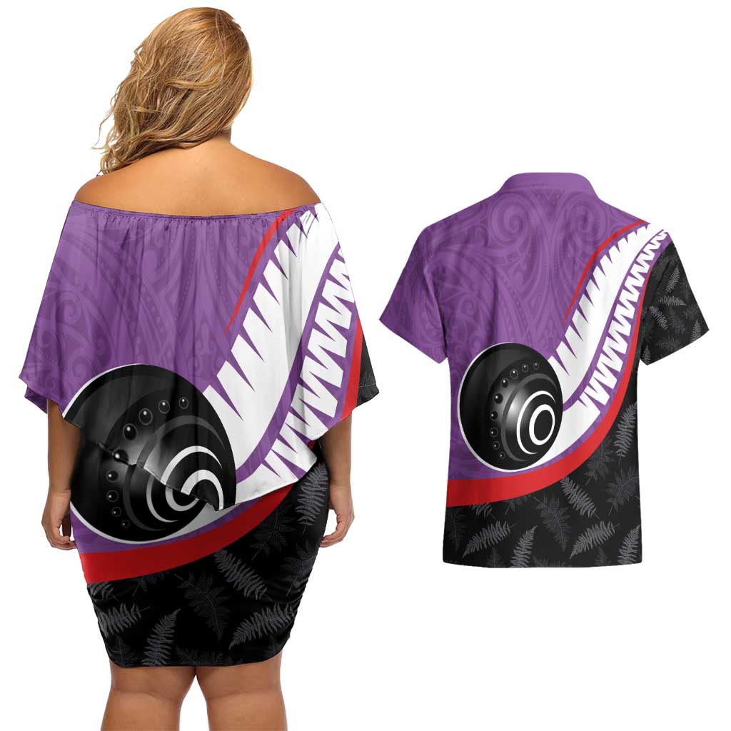 Personalised Aotearoa Lawn Bowls Couples Matching Off Shoulder Short Dress and Hawaiian Shirt Maori and Silver Fern Sporty Style Purple Color - Polynesian Pride