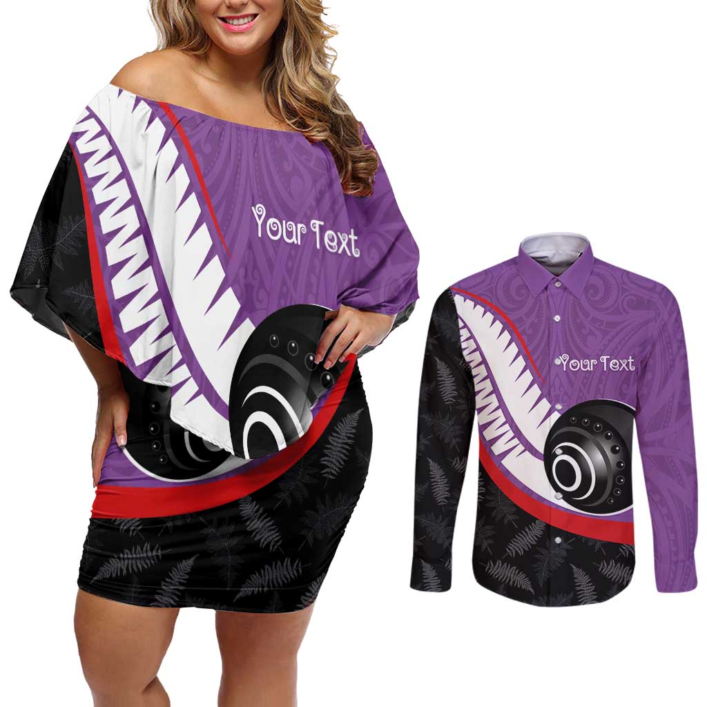 Personalised Aotearoa Lawn Bowls Couples Matching Off Shoulder Short Dress and Long Sleeve Button Shirt Maori and Silver Fern Sporty Style Purple Color LT03 Purple - Polynesian Pride