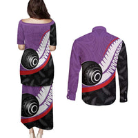 Personalised Aotearoa Lawn Bowls Couples Matching Puletasi and Long Sleeve Button Shirt Maori and Silver Fern Sporty Style Purple Color - Polynesian Pride