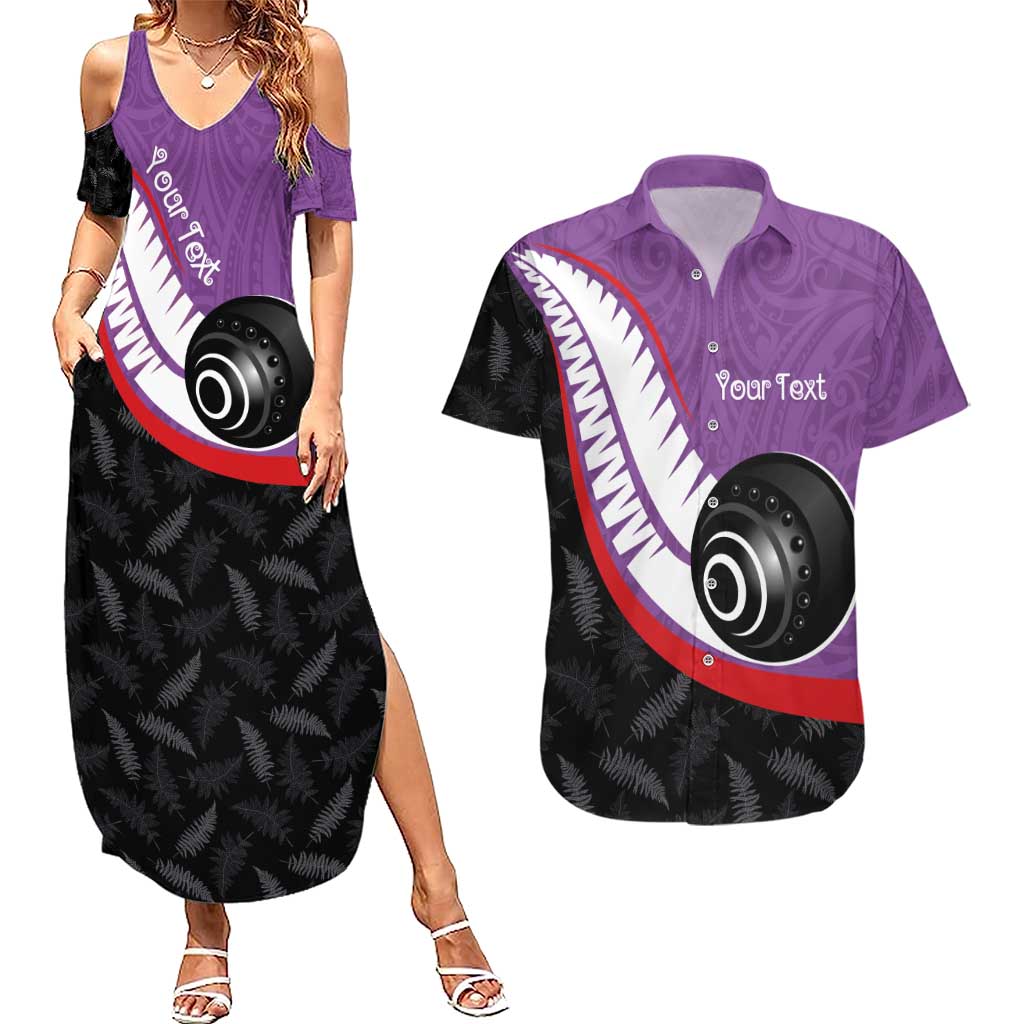 Personalised Aotearoa Lawn Bowls Couples Matching Summer Maxi Dress and Hawaiian Shirt Maori and Silver Fern Sporty Style Purple Color - Polynesian Pride
