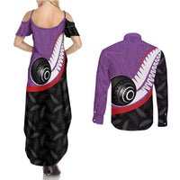 Personalised Aotearoa Lawn Bowls Couples Matching Summer Maxi Dress and Long Sleeve Button Shirt Maori and Silver Fern Sporty Style Purple Color - Polynesian Pride