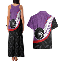 Personalised Aotearoa Lawn Bowls Couples Matching Tank Maxi Dress and Hawaiian Shirt Maori and Silver Fern Sporty Style Purple Color - Polynesian Pride