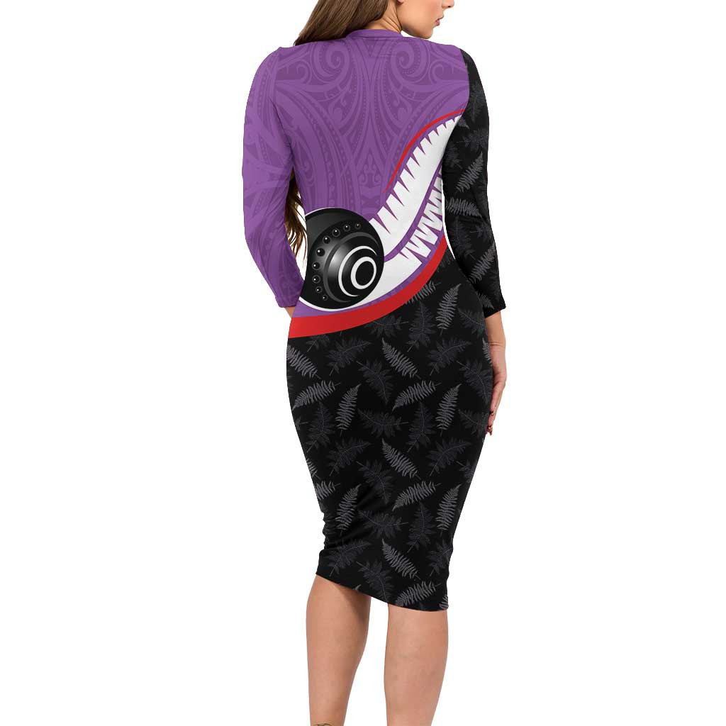Personalised Aotearoa Lawn Bowls Family Matching Long Sleeve Bodycon Dress and Hawaiian Shirt Maori and Silver Fern Sporty Style Purple Color - Polynesian Pride