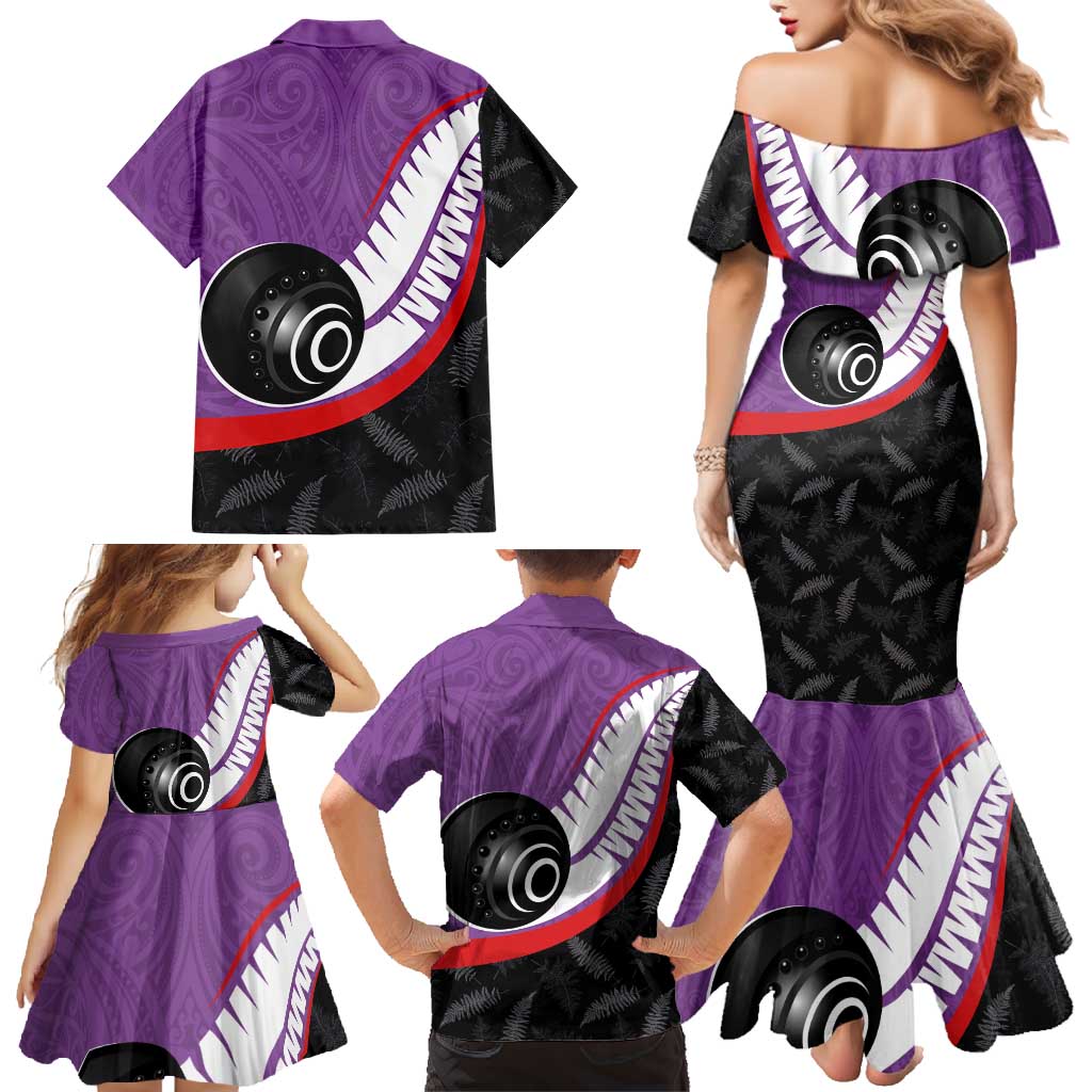 Personalised Aotearoa Lawn Bowls Family Matching Mermaid Dress and Hawaiian Shirt Maori and Silver Fern Sporty Style Purple Color - Polynesian Pride