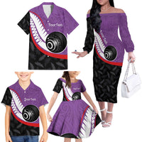Personalised Aotearoa Lawn Bowls Family Matching Off The Shoulder Long Sleeve Dress and Hawaiian Shirt Maori and Silver Fern Sporty Style Purple Color - Polynesian Pride