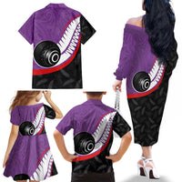 Personalised Aotearoa Lawn Bowls Family Matching Off The Shoulder Long Sleeve Dress and Hawaiian Shirt Maori and Silver Fern Sporty Style Purple Color - Polynesian Pride