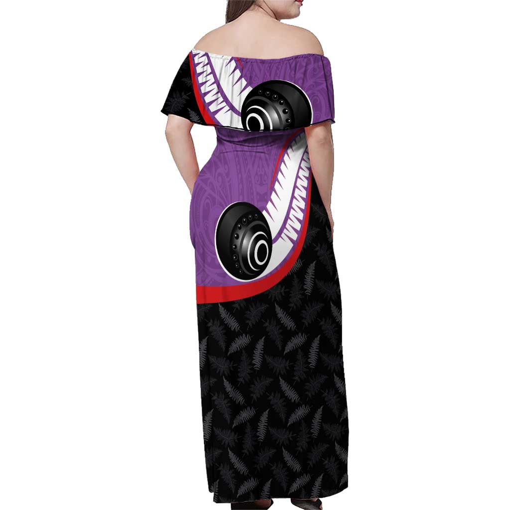 Personalised Aotearoa Lawn Bowls Family Matching Off Shoulder Maxi Dress and Hawaiian Shirt Maori and Silver Fern Sporty Style Purple Color - Polynesian Pride