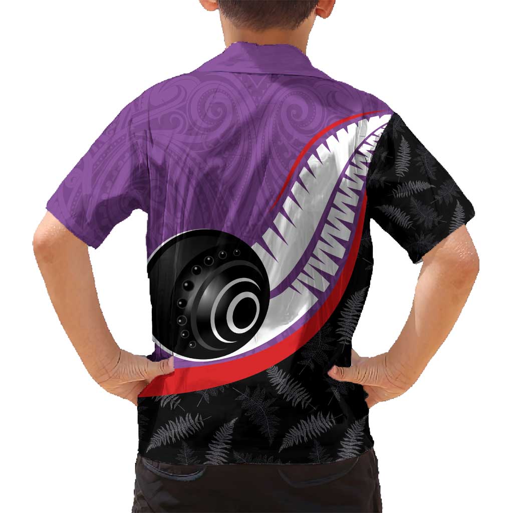 Personalised Aotearoa Lawn Bowls Family Matching Off Shoulder Short Dress and Hawaiian Shirt Maori and Silver Fern Sporty Style Purple Color - Polynesian Pride