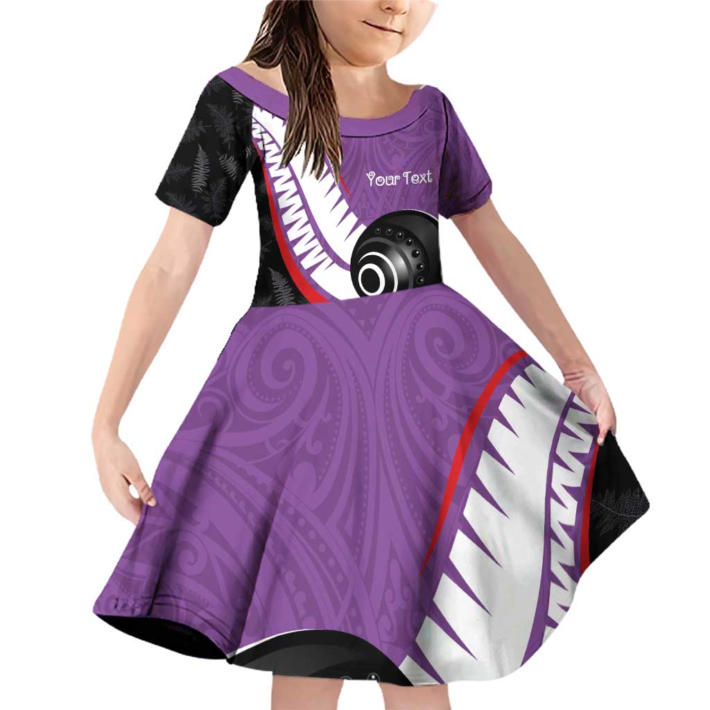 Personalised Aotearoa Lawn Bowls Family Matching Off Shoulder Short Dress and Hawaiian Shirt Maori and Silver Fern Sporty Style Purple Color - Polynesian Pride