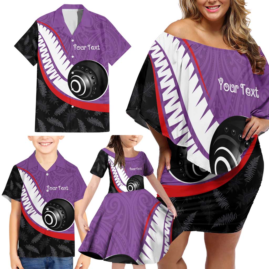 Personalised Aotearoa Lawn Bowls Family Matching Off Shoulder Short Dress and Hawaiian Shirt Maori and Silver Fern Sporty Style Purple Color - Polynesian Pride