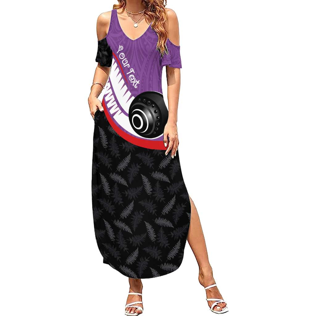 Personalised Aotearoa Lawn Bowls Family Matching Summer Maxi Dress and Hawaiian Shirt Maori and Silver Fern Sporty Style Purple Color - Polynesian Pride