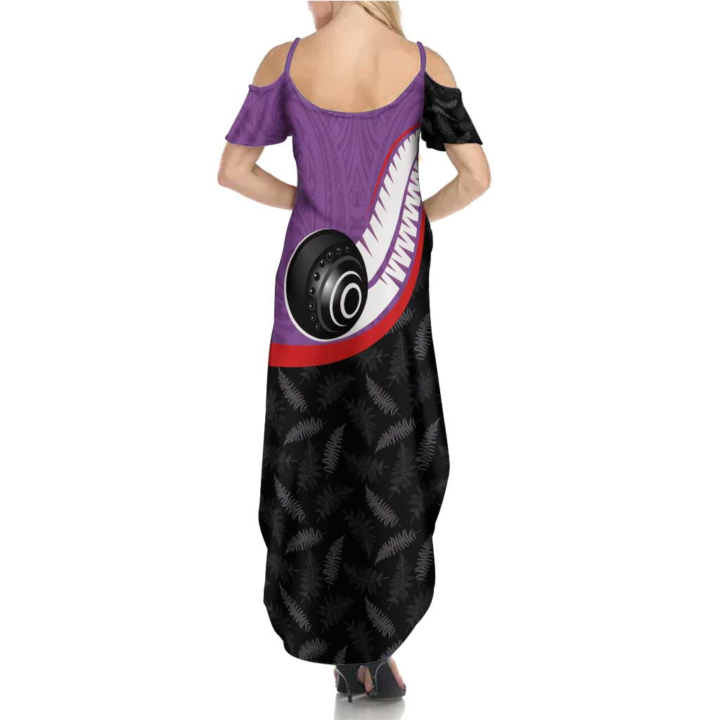 Personalised Aotearoa Lawn Bowls Family Matching Summer Maxi Dress and Hawaiian Shirt Maori and Silver Fern Sporty Style Purple Color - Polynesian Pride