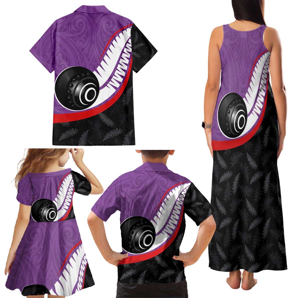 Personalised Aotearoa Lawn Bowls Family Matching Tank Maxi Dress and Hawaiian Shirt Maori and Silver Fern Sporty Style Purple Color - Polynesian Pride