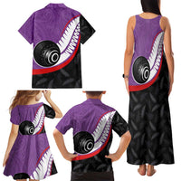 Personalised Aotearoa Lawn Bowls Family Matching Tank Maxi Dress and Hawaiian Shirt Maori and Silver Fern Sporty Style Purple Color - Polynesian Pride