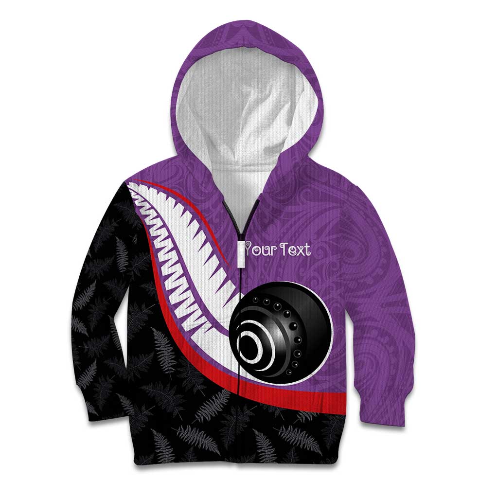 Personalised Aotearoa Lawn Bowls Kid Hoodie Maori and Silver Fern Sporty Style Purple Color - Polynesian Pride