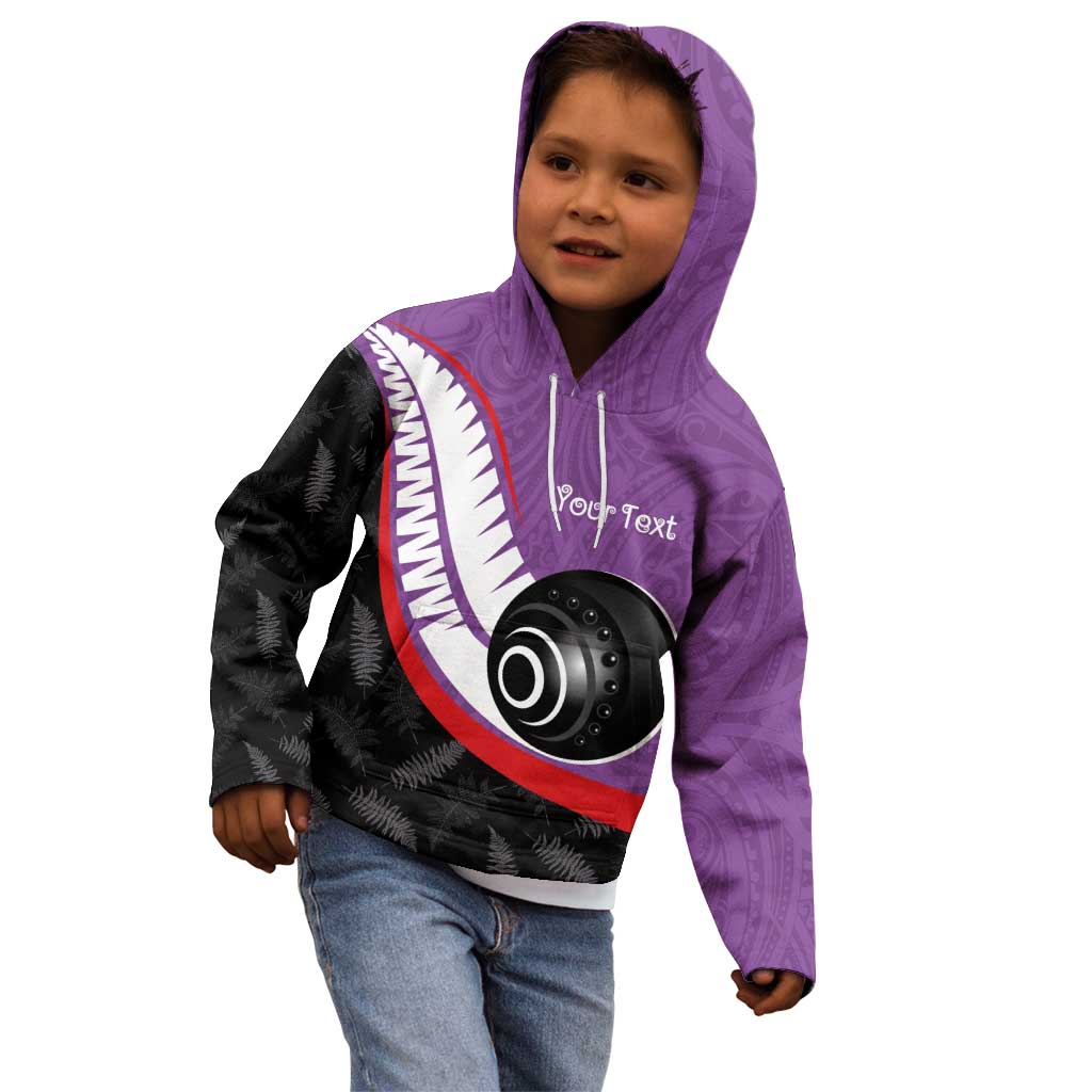 Personalised Aotearoa Lawn Bowls Kid Hoodie Maori and Silver Fern Sporty Style Purple Color - Polynesian Pride