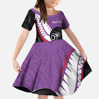 Personalised Aotearoa Lawn Bowls Kid Short Sleeve Dress Maori and Silver Fern Sporty Style Purple Color - Polynesian Pride