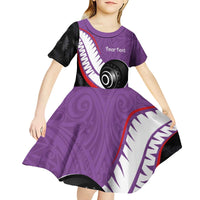 Personalised Aotearoa Lawn Bowls Kid Short Sleeve Dress Maori and Silver Fern Sporty Style Purple Color - Polynesian Pride