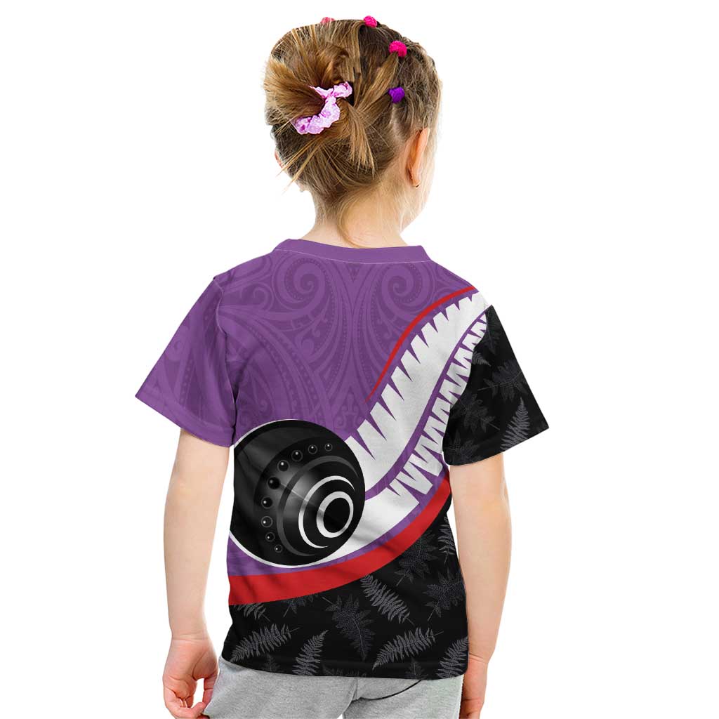 Personalised Aotearoa Lawn Bowls Kid T Shirt Maori and Silver Fern Sporty Style Purple Color - Polynesian Pride
