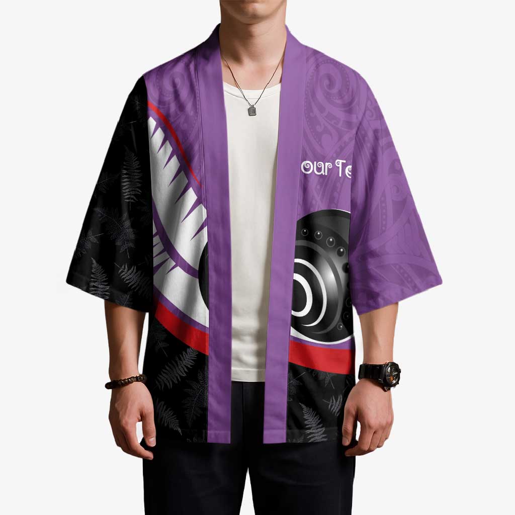 Personalised Aotearoa Lawn Bowls Kimono Maori and Silver Fern Sporty Style Purple Color - Polynesian Pride