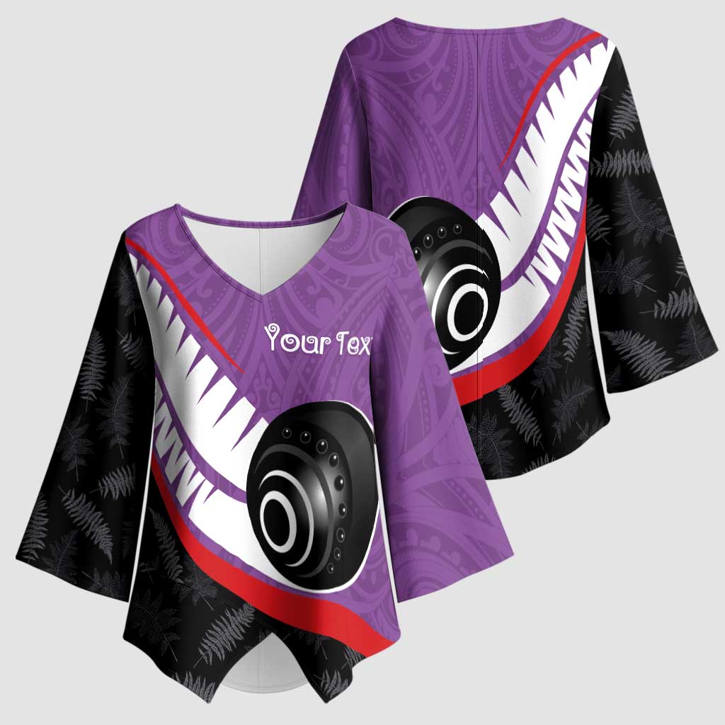 Personalised Aotearoa Lawn Bowls Kimono Sleeve Blouse Maori and Silver Fern Sporty Style Purple Color - Polynesian Pride