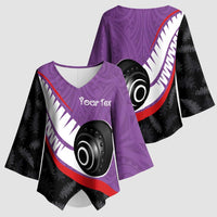 Personalised Aotearoa Lawn Bowls Kimono Sleeve Blouse Maori and Silver Fern Sporty Style Purple Color - Polynesian Pride