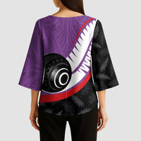 Personalised Aotearoa Lawn Bowls Kimono Sleeve Blouse Maori and Silver Fern Sporty Style Purple Color - Polynesian Pride