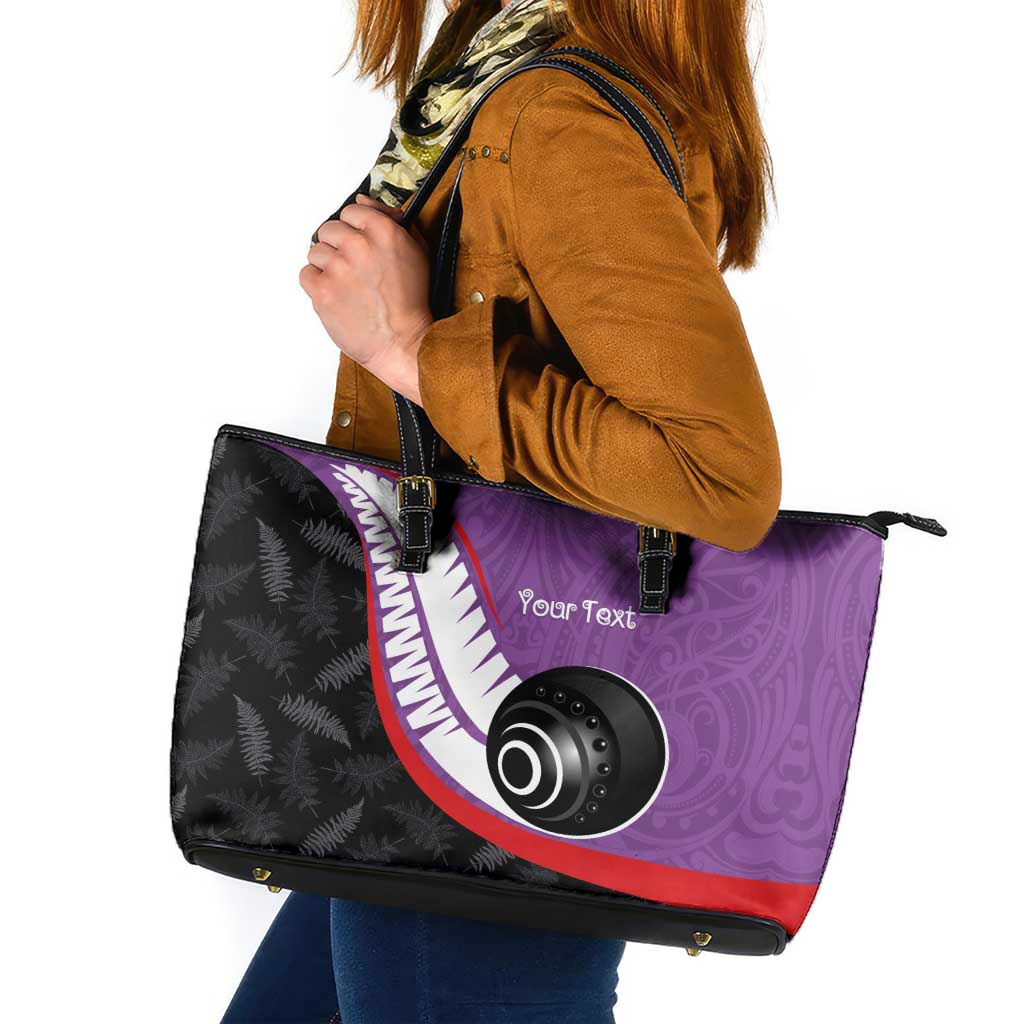 Personalised Aotearoa Lawn Bowls Leather Tote Bag Maori and Silver Fern Sporty Style Purple Color - Polynesian Pride