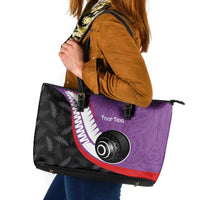 Personalised Aotearoa Lawn Bowls Leather Tote Bag Maori and Silver Fern Sporty Style Purple Color - Polynesian Pride