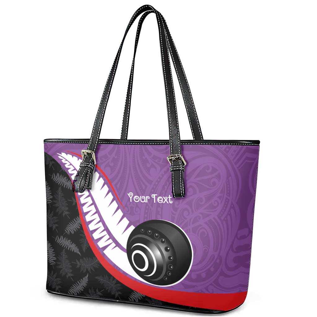 Personalised Aotearoa Lawn Bowls Leather Tote Bag Maori and Silver Fern Sporty Style Purple Color - Polynesian Pride