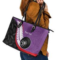 Personalised Aotearoa Lawn Bowls Leather Tote Bag Maori and Silver Fern Sporty Style Purple Color - Polynesian Pride