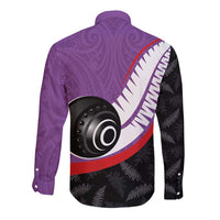 Personalised Aotearoa Lawn Bowls Long Sleeve Button Shirt Maori and Silver Fern Sporty Style Purple Color - Polynesian Pride