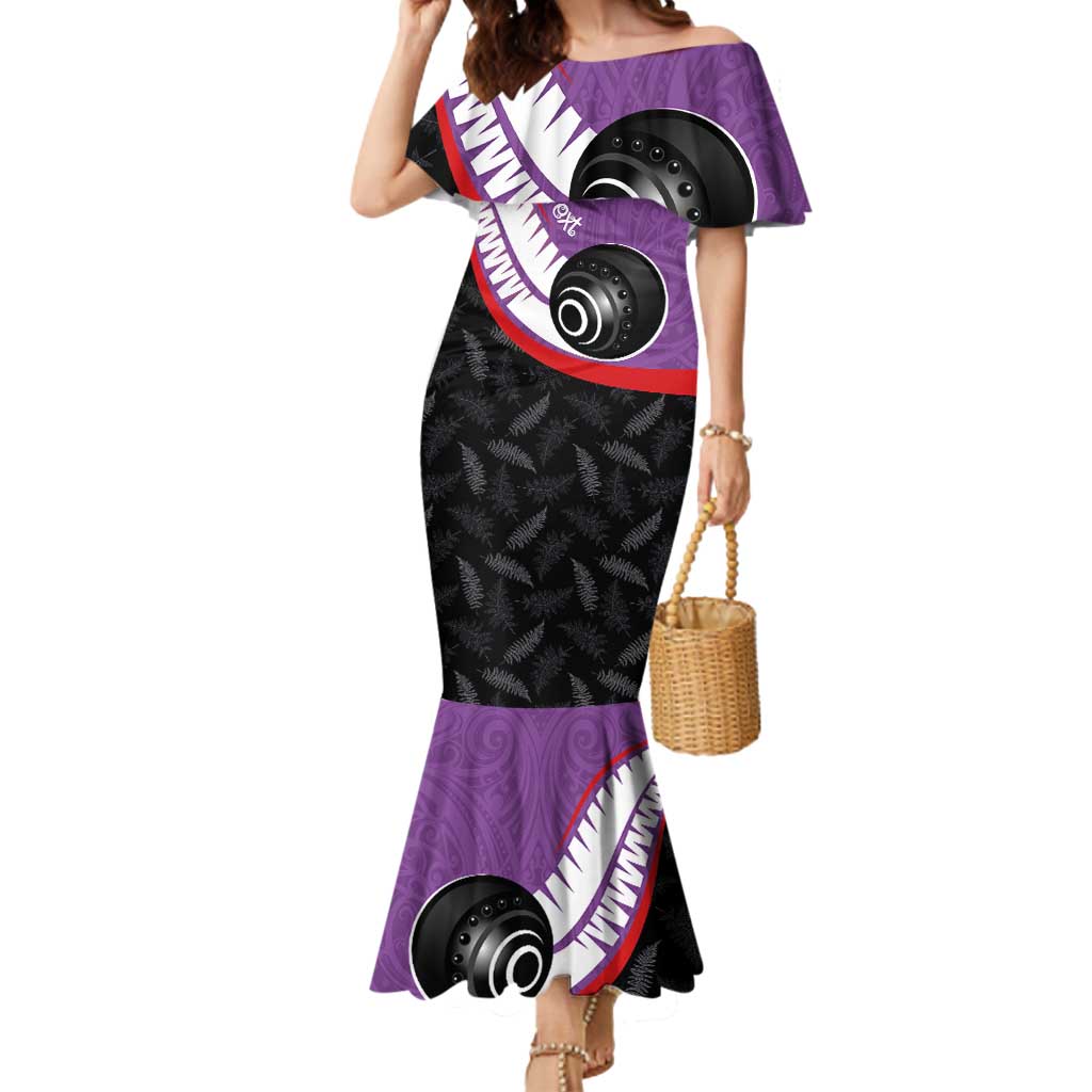 Personalised Aotearoa Lawn Bowls Mermaid Dress Maori and Silver Fern Sporty Style Purple Color - Polynesian Pride
