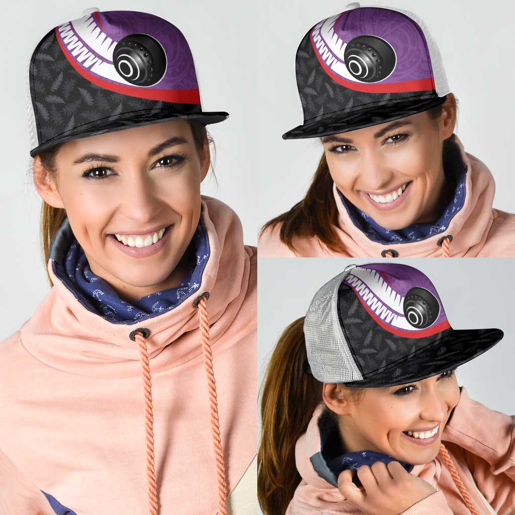 Aotearoa Lawn Bowls Mesh Trucker Cap Maori and Silver Fern Sporty Style Purple Color - Polynesian Pride