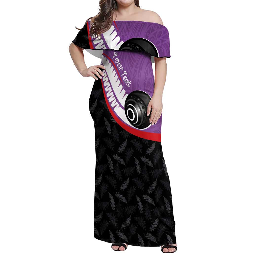 Personalised Aotearoa Lawn Bowls Off Shoulder Maxi Dress Maori and Silver Fern Sporty Style Purple Color LT03 Women Purple - Polynesian Pride
